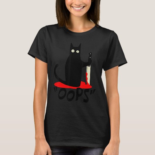 Kat Oops Black Cat Murderous Cat met Knife Hallo T-shirt (Voorkant)
