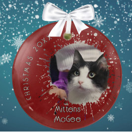 Kat op 2025 Rode Spatpatroon Kerstmis Glas Ornament