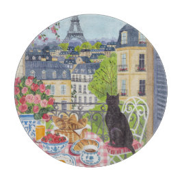 Kat op balkon ontbijt Parijs Eiffeltoren Snijplank