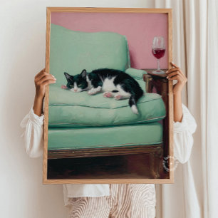 Kat op bank met wijn muurkunst schilderij print