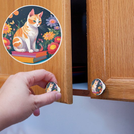 Kat op boeken keramische knop