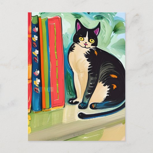 Kat op boekenplank briefkaart (Voorkant)