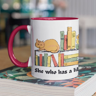 Kat op boekenplank Drawn Whimsical Library Koffiemok