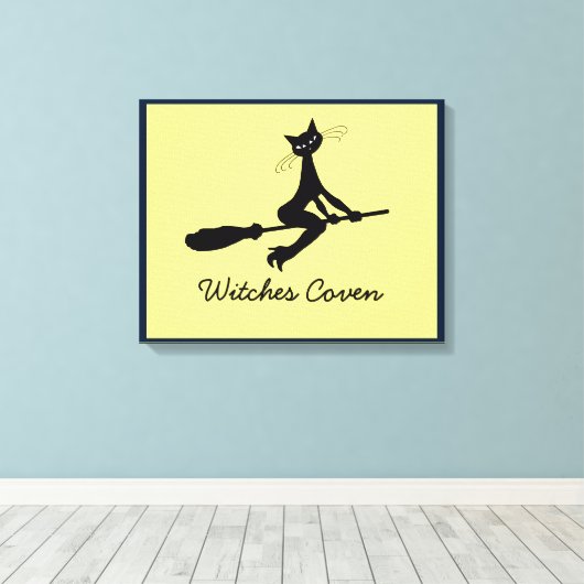 Kat op Broomstick Canvas afdrukken (Insitu (Houten vloer))