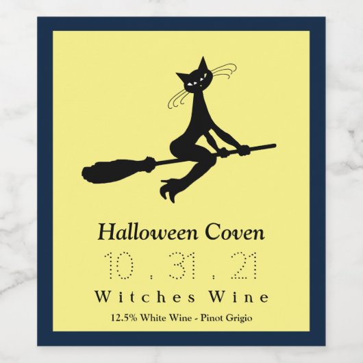 Kat op Broomstick, Halloween Wijn Etiket (Enkel label)