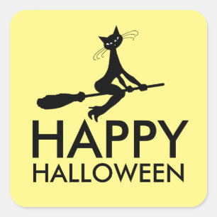 Kat op broomstick, Happy Halloween Vierkante Sticker