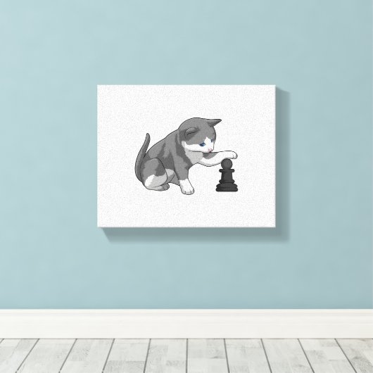 Kat op Chess met Chess-stuk bisschop Canvas Afdruk (Insitu (Houten vloer))