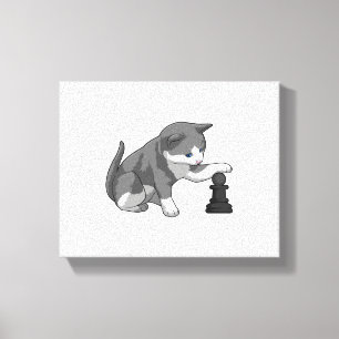 Kat op Chess met Chess-stuk bisschop Canvas Afdruk