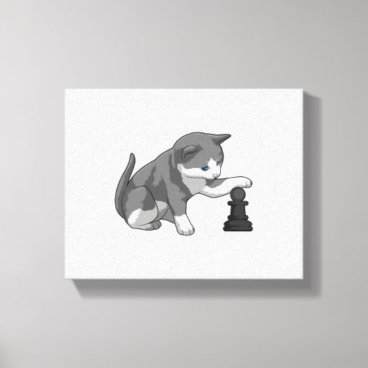 Kat op Chess met Chess-stuk bisschop Canvas Afdruk (Voorkant)