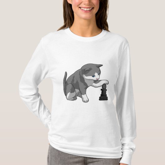 Kat op Chess met Chess-stuk bisschop T-shirt (Voorkant)