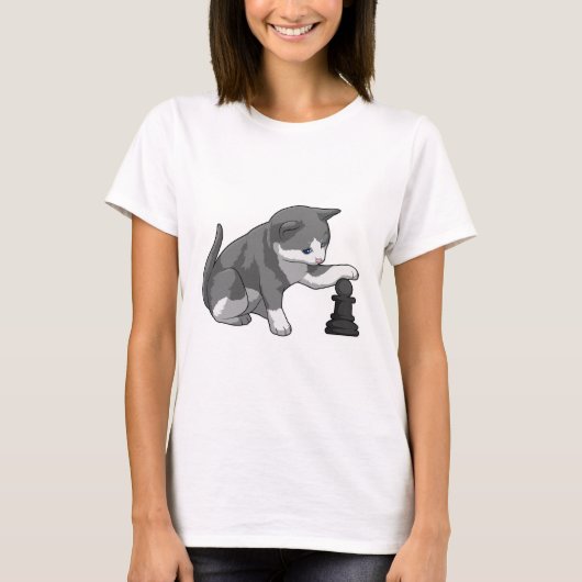 Kat op Chess met Chess-stuk bisschop T-shirt (Voorkant)