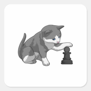 Kat op Chess met Chess-stuk bisschop Vierkante Sticker