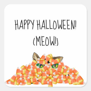 Kat op de Candy Corn Funny Halloween Square Stick Vierkante Sticker