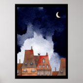 Kat op de daken van Parijs in de nacht Waterverf Poster (Voorkant)