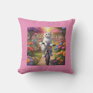 Kat op de fiets in kleurrijke bloemenscène kussen