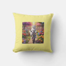 Kat op de fiets in kleurrijke bloemenscène kussen