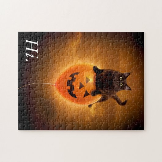 Kat op de Halloween-ballon Legpuzzel (Horizontaal)
