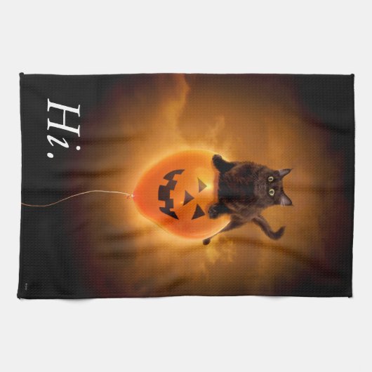 Kat op de Halloween-ballon Theedoek (Horizontaal)