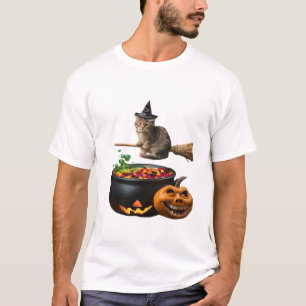 Kat op een bezemsteel met Halloween. Klassiek T-sh T-shirt