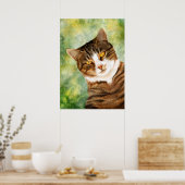 Kat op een boom Groen Geel Bruin Poster (Keuken)