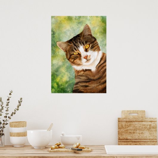 Kat op een boom Groen Geel Bruin Poster (Keuken)