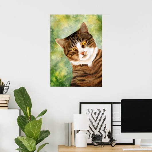 Kat op een boom Groen Geel Bruin Poster (Thuiskantoor)