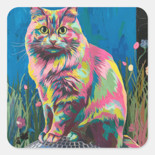 Kat op een discobal vierkante sticker