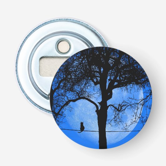 Kat op een draad Blauwe Maan Button Flesopener (Voorkant)