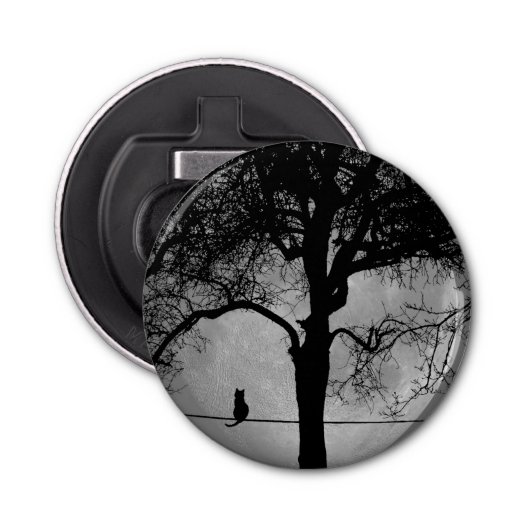 Kat op een draad Volle Maan Button Flesopener (Voorkant)