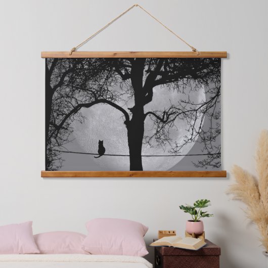 Kat op een draad Volle Maan Hangend Wandkleed (Slaapkamer)