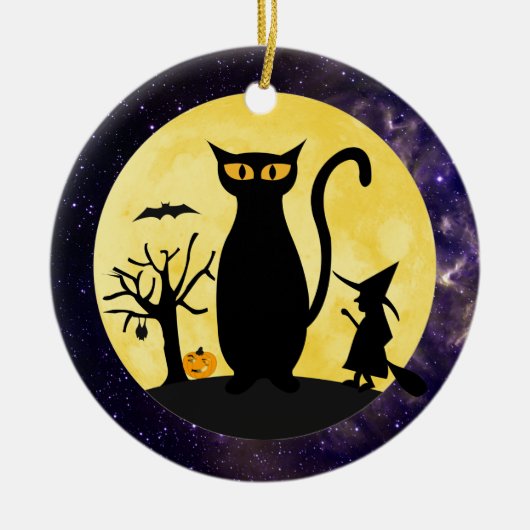 Kat op een Halloween Moon Ornament (Voorkant)