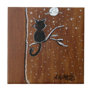 Kat op een ledemaat met de Moon Ceramic Tegel Tegeltje
