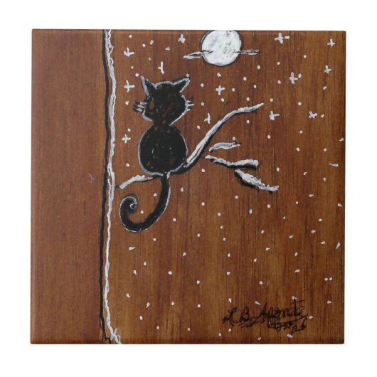 Kat op een ledemaat met de Moon Ceramic Tegel Tegeltje (Voorkant)