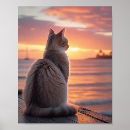 Kat op een pier met een zonsondergang en oceanisch poster (Voorkant)