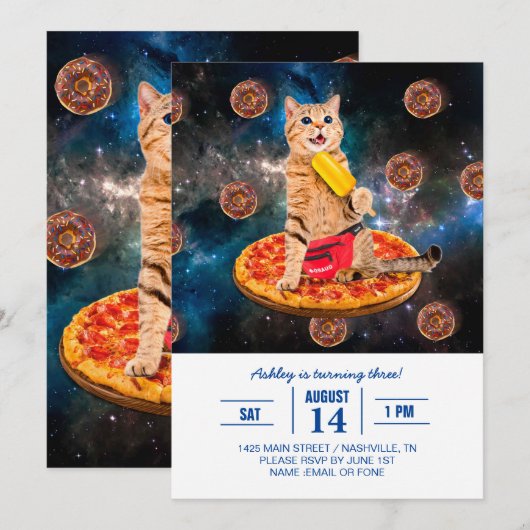 Kat op een pizza die ijs eet kaart (Voorkant / Achterkant)