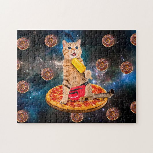 Kat op een pizza die ijs eet legpuzzel (Horizontaal)