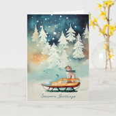 Kat op een Sled Snow Scene-kerstKaart Kaart (Gele Bloem)