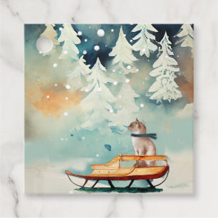 Kat op een slee in een Winter Wonderland Gift Labe Bedankjes Labels