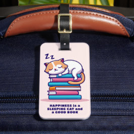 Kat op een Stack of Books Cute Personalized Litera Bagagelabel
