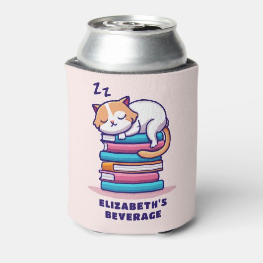 Kat op een Stack of Books Cute Personalized Litera Blikjeskoeler (Blikje Achterkant)