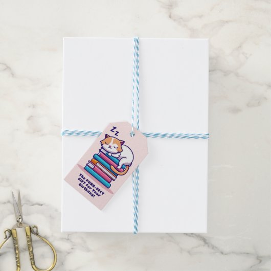 Kat op een Stack of Books Cute Personalized Litera Cadeaulabel (Met Touw)
