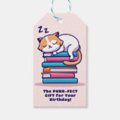 Kat op een Stack of Books Cute Personalized Litera Cadeaulabel (Voorkant)