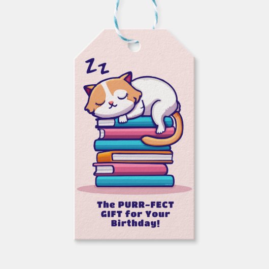 Kat op een Stack of Books Cute Personalized Litera Cadeaulabel (Voorkant)