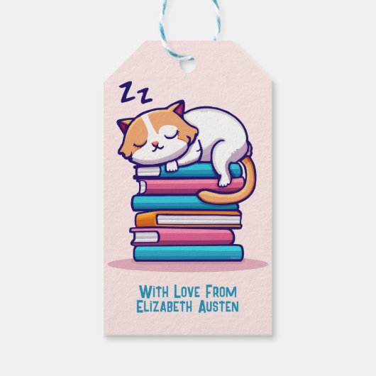 Kat op een Stack of Books Cute Personalized Litera Cadeaulabel (Achterkant)