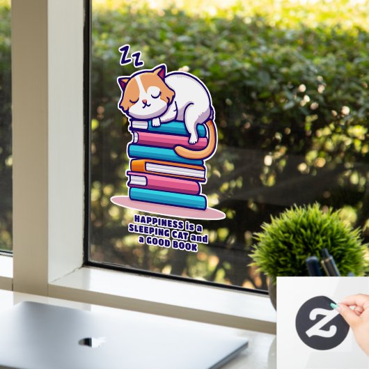 Kat op een Stack of Books Cute Personalized Litera Raamsticker (Kantoor)