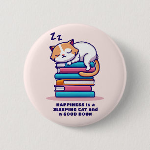 Kat op een Stack of Books Cute Personalized Litera Ronde Button 5,7 Cm