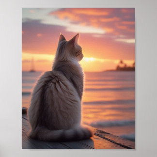Kat op een steiger met een zonsondergang en een ze poster