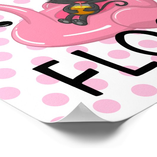 Kat op Flamingo met ananas- en roze pokadots Poster (Hoek)