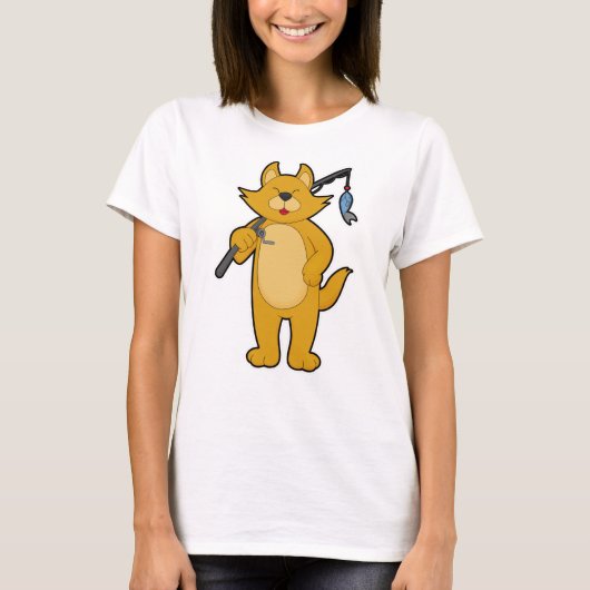 Kat op Gevist met Geviste staaf en vis T-shirt (Voorkant)