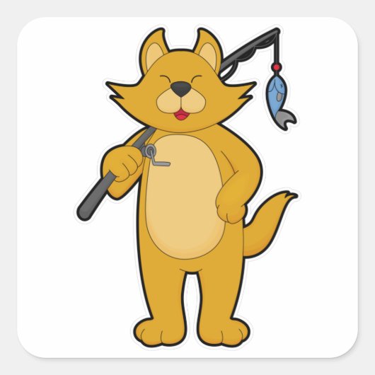 Kat op Gevist met Geviste staaf en vis Vierkante Sticker (Voorkant)